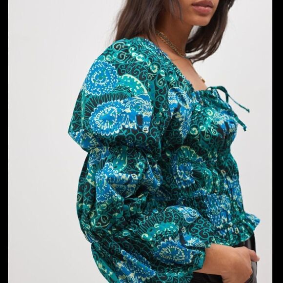 NWT Anthropologie Tiered Poplin Blouse Porridge Green/Blue XS - Picture 11 of 12